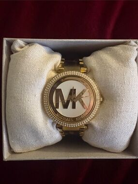 Michael Kors Gold Tone MK Logo Crystal Accent Women's Watch